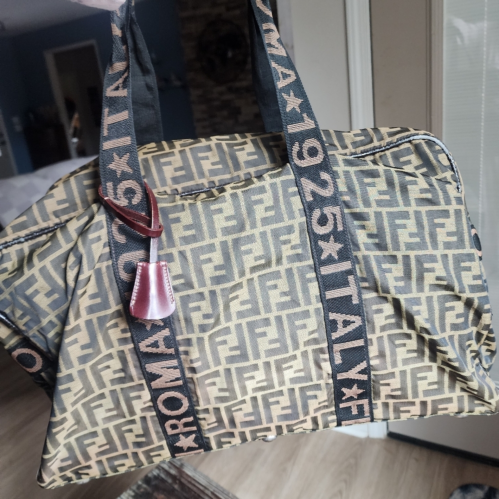 Authentic Fendi Beige and Black Monogram Travel Bag